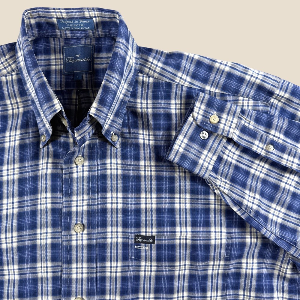 Faconnable Button Down Shirt Men L Blue Plaid Cotton Long Sleeve Casual Designer